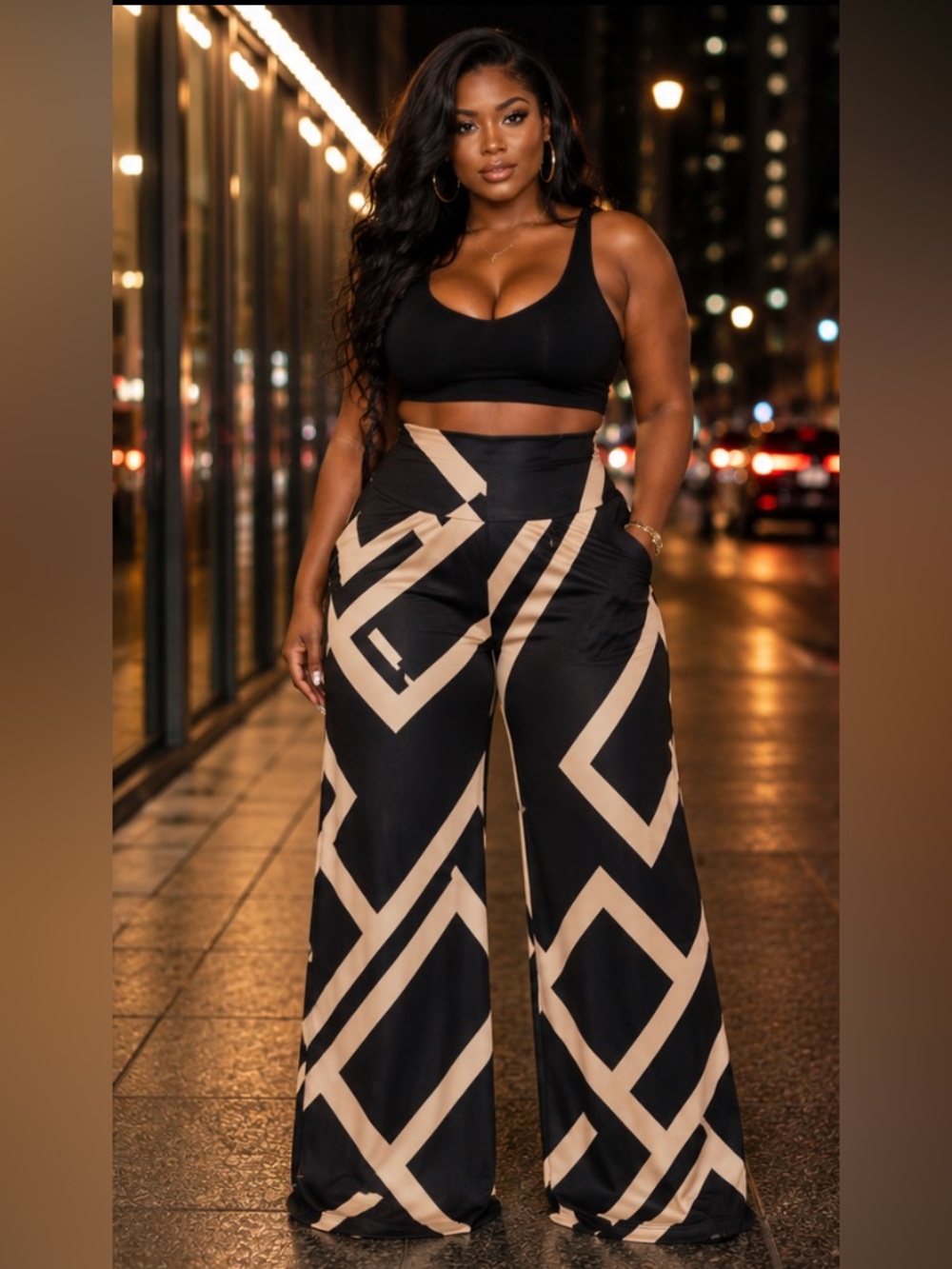 Arolina Patterned Stretchy High Waist Wide Leg Palazzo Pants in Black & Tan